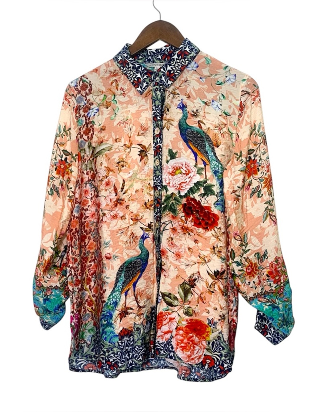 John Mark Floral Peacock Multi-Print Roll-Tab Sleeve Button Tunic Size M